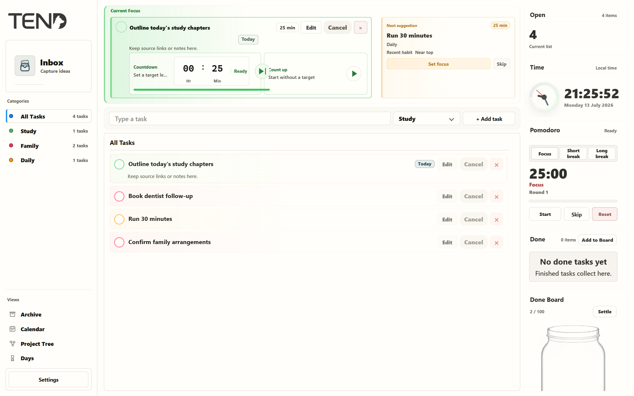TEND desktop workspace showing current focus, task list, next suggestion, pomodoro, and the done board