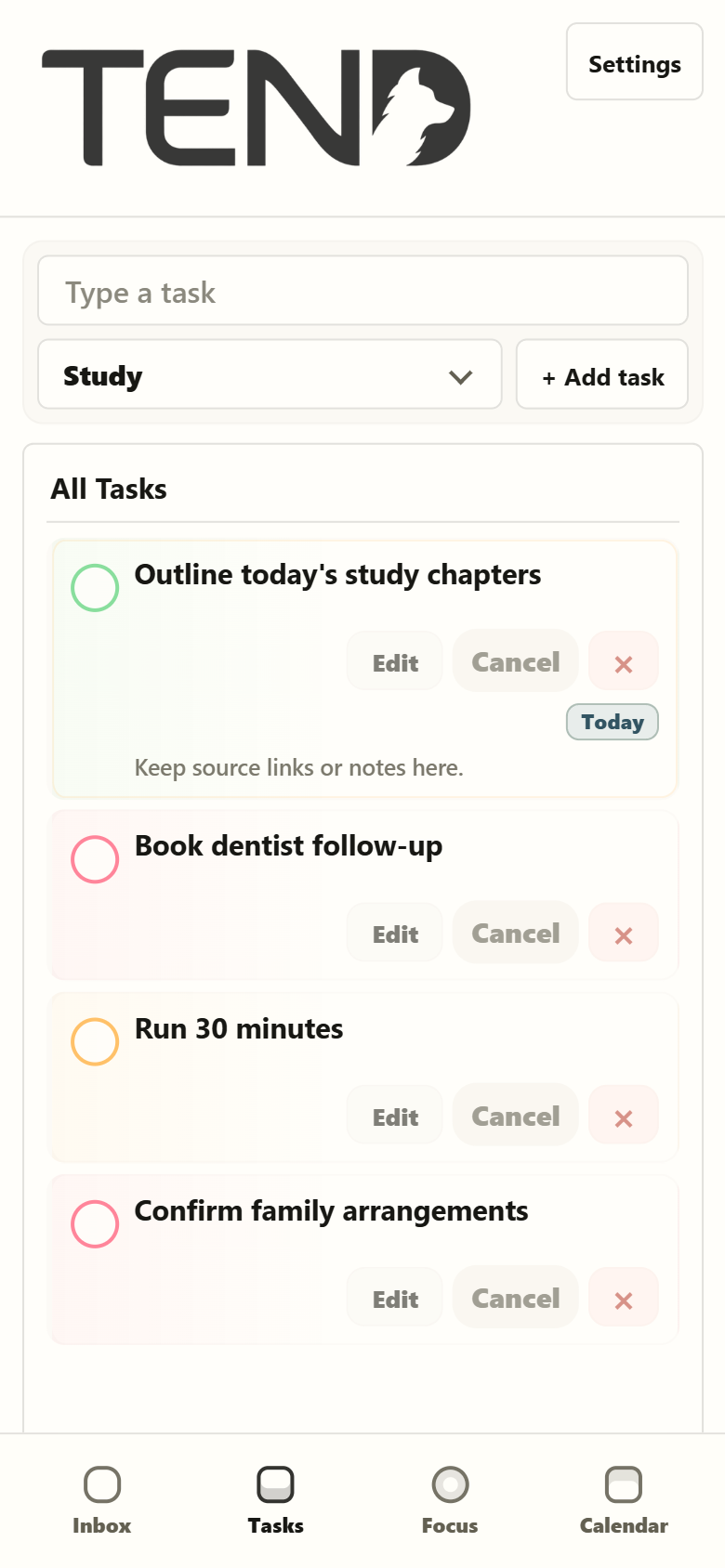 TEND phone view showing the task list with bottom navigation